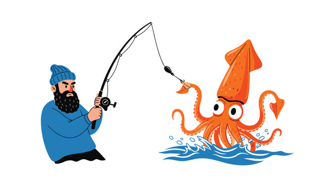 Bearded fisherman in a blue winter beanie and sweater uses a fishing rod to catch a giant orange squid emerging from the ocean waves.