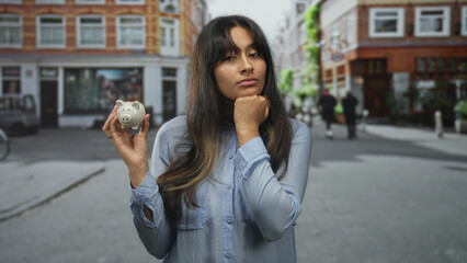 Fototapeta premium Woman holding piggybank in one hand and chin on fist on street with storefront building visible; money worry pensive.