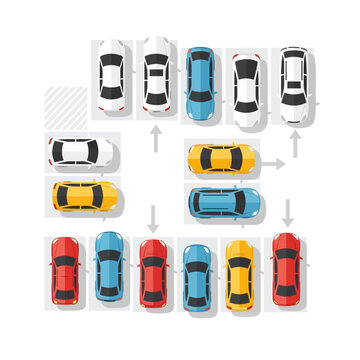 Top view of colorful cars parked in diagonal and parallel spots with arrows