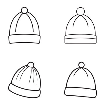 Four different outlined beanies with pom poms on top in various views  winter clothing
