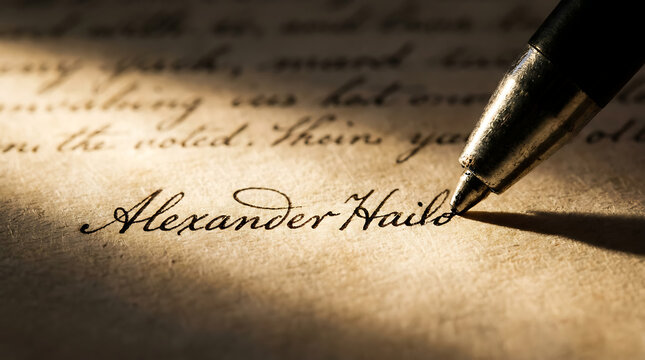 Pen meticulously inscribing a handwritten signature on antique parchment, capturing a moment of historical authentication.