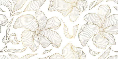 Obraz premium Luxury seamless floral pattern with elegant gold flowers and leaves background. Vintage vector illustration, wedding invitation, bridal card, wallpaper, fabric print, romantic decorative design. 