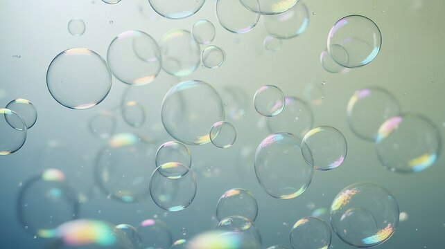 Shimmering soap bubbles gently float upwards, catching light and displaying various colors