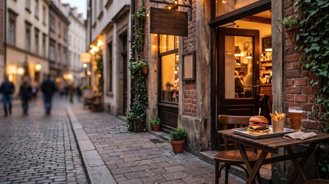 Outdoor Cafe Burger Meal on European Cobblestone Street