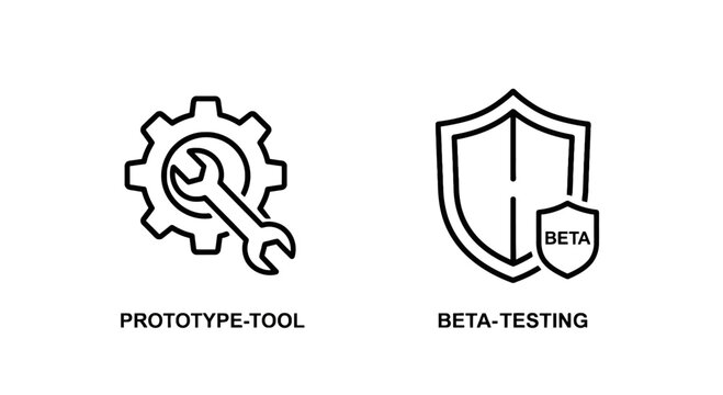 Prototype tool and beta testing icons with testing phase product development software testing early access user testing prototype development software