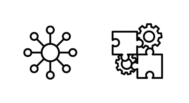 Network connections and puzzle gear integration icons with problem solving network diagram puzzle pieces gear mechanism system integration business solu