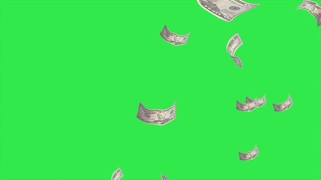 3D new Dollar blows away slowly animation on green screen. Business concept. 