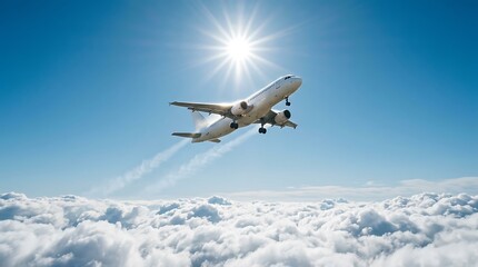 Fototapeta premium Passenger jet flies high above a thick layer of white clouds under a brilliant sun. This sharp focus shot captures a sense of freedom. Ideal for airline industry branding.