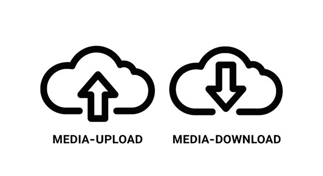 Cloud computing icons for media upload and download with directional arrows and text labels for data storage and network transfer download transfer