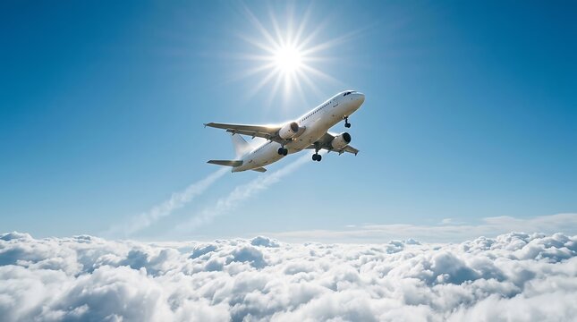 Passenger jet flies high above a thick layer of white clouds under a brilliant sun. This sharp focus shot captures a sense of freedom. Ideal for airline industry branding.