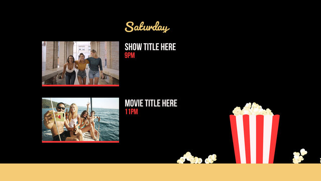 Popcorn Broadcast Package Time Schedule &ndash; Fun Cinema Style Motion Graphics, Titles, Lower Thirds, Logo, Transitions and Promo Elements for TV, Movie and Media Content