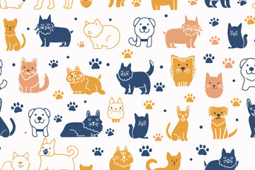 Fototapeta premium Cute Cats and Dogs Seamless Pattern with Paw Prints