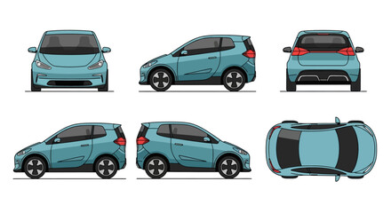 Fototapeta premium Blue Electric Car Views: Front, Side, Rear, Top