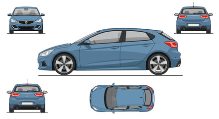 Fototapeta premium Blue Hatchback Car: Front, Side, Rear, and Top Views | Vehicle Mockup