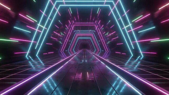Abstract Neon Tunnel Fly-through with Futuristic Lights