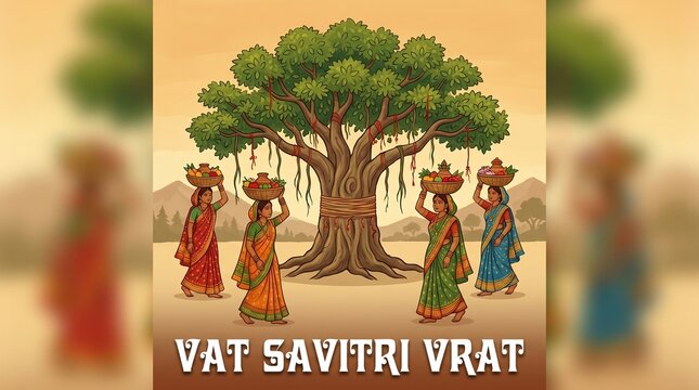 Indian Women Carrying Offerings to Banyan Tree for Vat Savitri Vrat Ritual