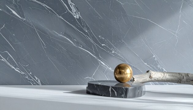 golden sphere on marble block in snowy mountain landscape minimal design