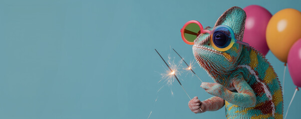 Naklejka premium Funny chameleon wearing colorful sunglasses holding happy birthday balloons and burning sparklers greeting card on blue background with copy space.