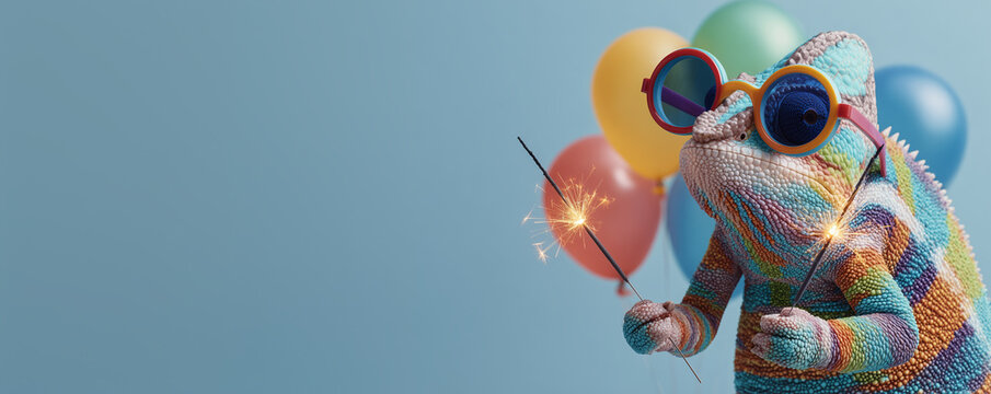 Funny chameleon wearing colorful sunglasses holding happy birthday balloons and burning sparklers greeting card on blue background with copy space.