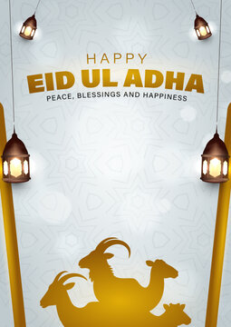 happy eid ul adha mubarak elegant gold islamic greeting design, modern bakra eid poster with lanterns and geometric background, islamic eid ul adha celebration card with animal silhouettes, luxury eid