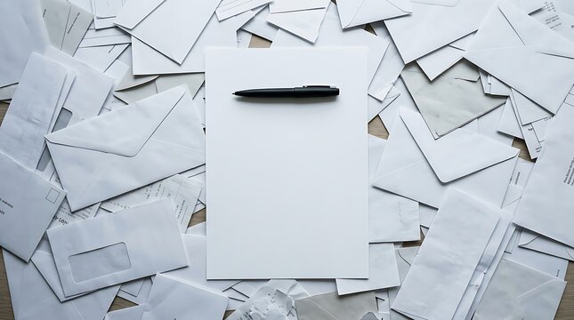 Blank writing paper and professional pen centered amidst a chaotic pile of white mailing envelopes in a clean overhead shot. Ideal for direct mail campaigns and corporate branding.