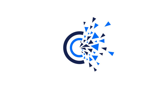 Abstract digital particle explosion forming a circle, representing innovation and data transformation