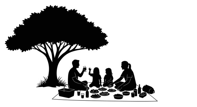 Silhouette illustration of a family enjoying a picnic under a large tree on a sunny day, with food and drinks spread out