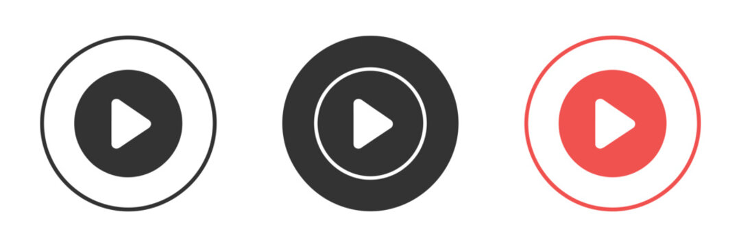 Play button icons set with video and audio player controls for media interface and web design systems.