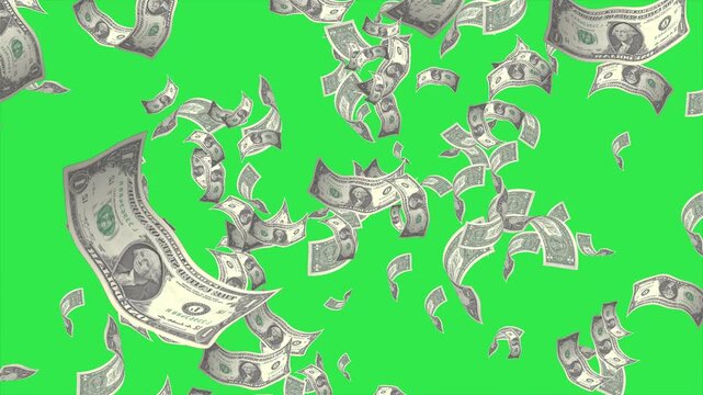 3D new Dollar bills banknotes fall down slowly animation on Green Screen Background.