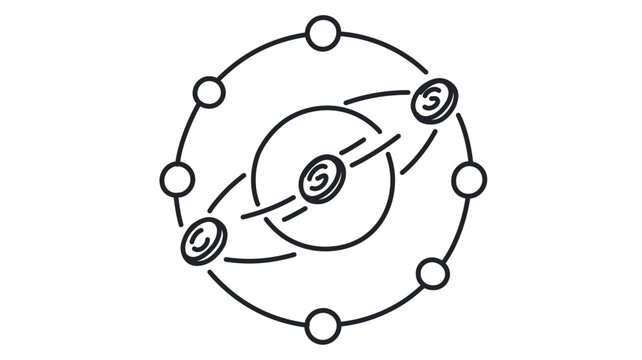 Decentralized exchange vector icon illustration showing a network of nodes and crypto coins orbiting a central globe. Clean minimalist line art for blockchain technology and digital finance.