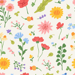 Naklejka premium Hand drawn floral beautiful seamless pattern. Botanical doodle elements, wildflower and garden, leaves and herb, plants, foliage. Elegant abstract summer spring print. Vector illustration.