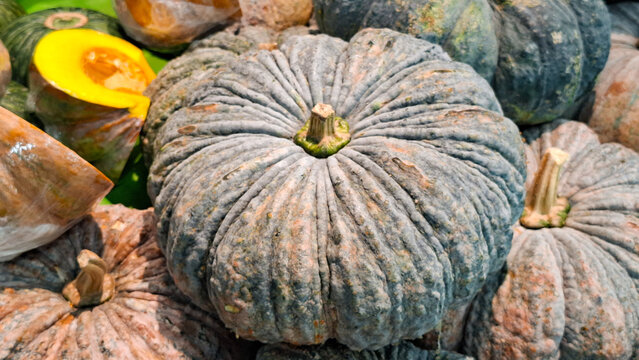 Fresh Organic Thai Pumpkins with Distinctive Ribbed Texture Piled at Local Farmer Market for Culinary Cooking and Traditional Desserts