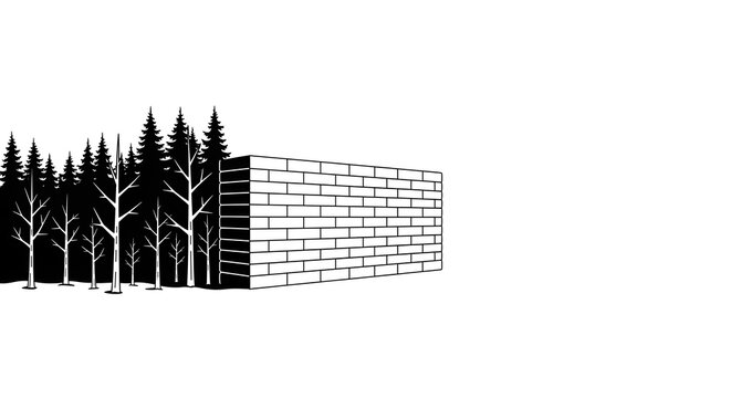Minimalist Black and White Graphic Illustration of a Forest and Brick Wall, Symbolic Representation of Urban Sprawl and Environmental Boundaries