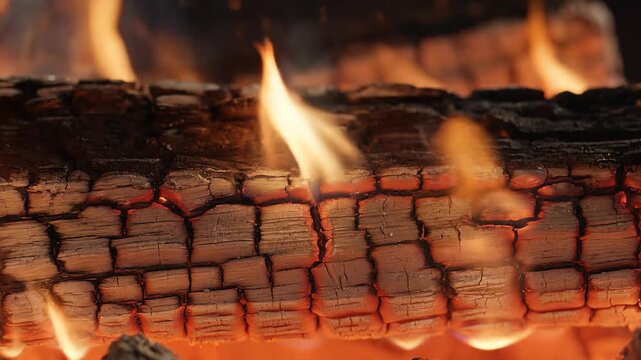 Closeup of burning logs in a fireplace with dancing flames.