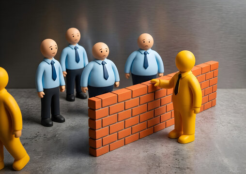 Group of four blue‑shirt figures with ties stand together behind brick wall opposite single yellow figure touching barrier. Conceptual image symbolizes division, communication obstacles, teamwork 