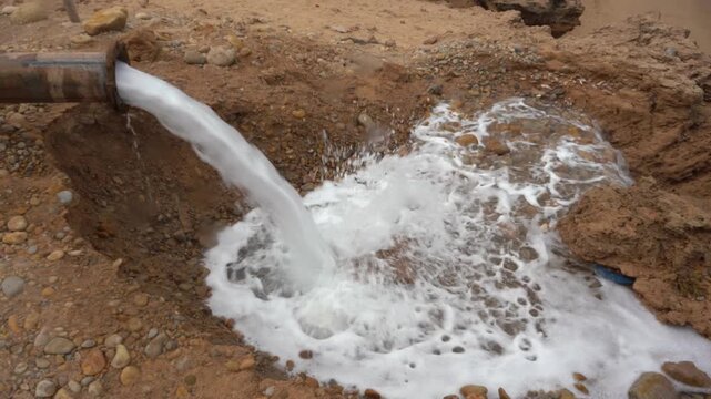 Medium shot of a high-volume water stream pumping from a rusty industrial pipe into a rocky dirt basin, creating white foam. Ideal B-roll for dewatering, irrigation, and groundwater extraction.
