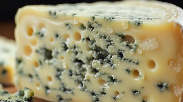 Closeup of a delicious blue cheese wedge with visible mold veins.