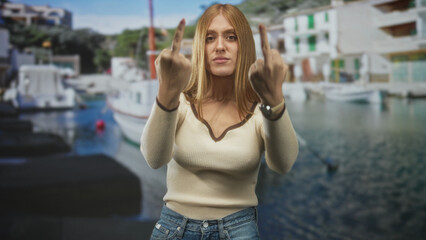 Fototapeta premium Woman holding up middle fingers at a harbor pier, redhead in cream sweater and denim jeans with wristwatch visible; defiance attitude.