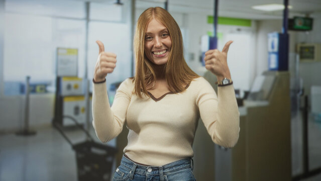 Woman giving thumbs up and smiling at airport checkin kiosk among monitors and queue stanchions, wearing sweater and jeans; joy confidence.
