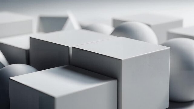 Abstract Geometric Shapes Cubes and Spheres Arrangement Minimalist Studio Lighting.