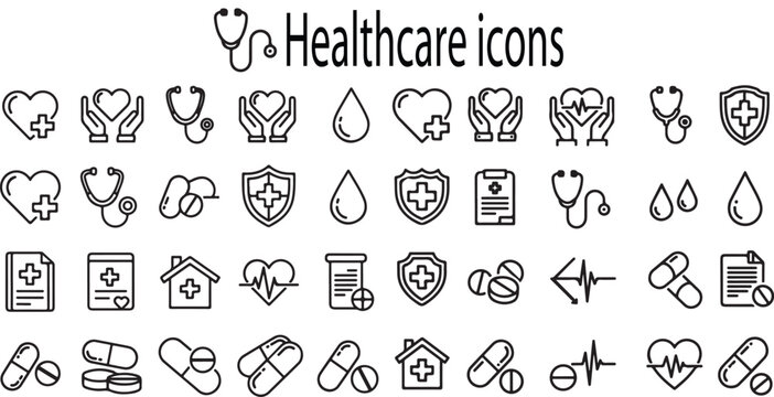 A set of black line icons related to healthcare and medicine, including hearts, stethoscopes, pills, and medical documents on a white background