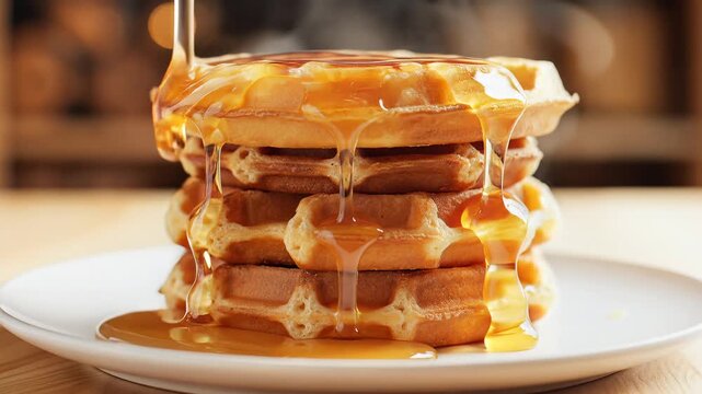 Delicious Stack of Golden Waffles Drizzled with Sweet Syrup.