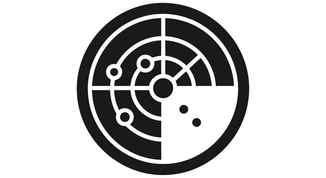 Black and white radar screen icon with concentric circles and target points