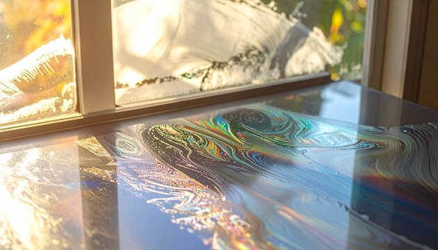 vibrant sunlight caustics reflecting on glass surface with prismatic rainbow effect
