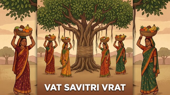 Indian Women Carrying Offerings to Banyan Tree for Vat Savitri Vrat Ritual