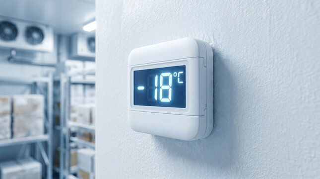 Digital thermostat displaying minus eighteen degree Celsius temperature on white wall in storage room