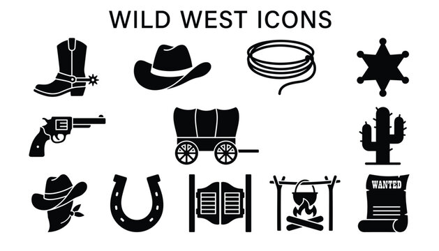 Wild west icon set, cowboy elements for vintage themes, vector design on transparent background, black silhouette.