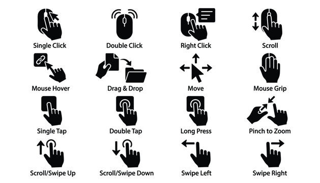 Computer mouse gesture icons set for UI navigation vector graphic transparent.