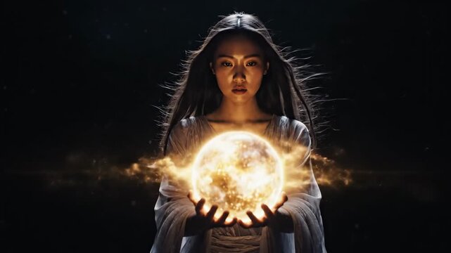 Cosmic goddess holding a luminous star in space