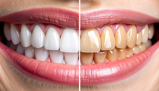 Split image comparison showing healthy white teeth before and stained yellow teeth after, emphasizing dental care and whitening results